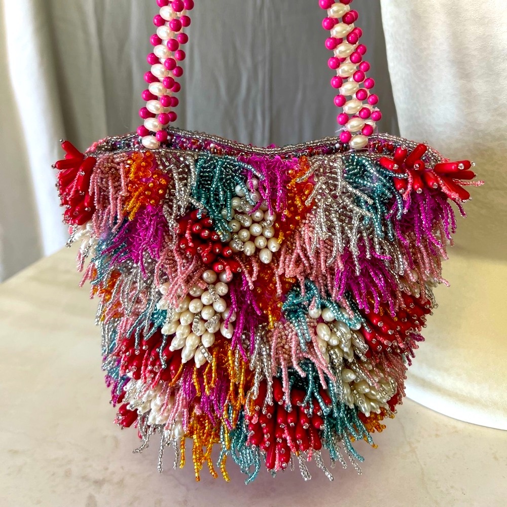 RARE Colorful Beaded Bag w/ Pearl Detail Strap, Anthropology Style, NWT